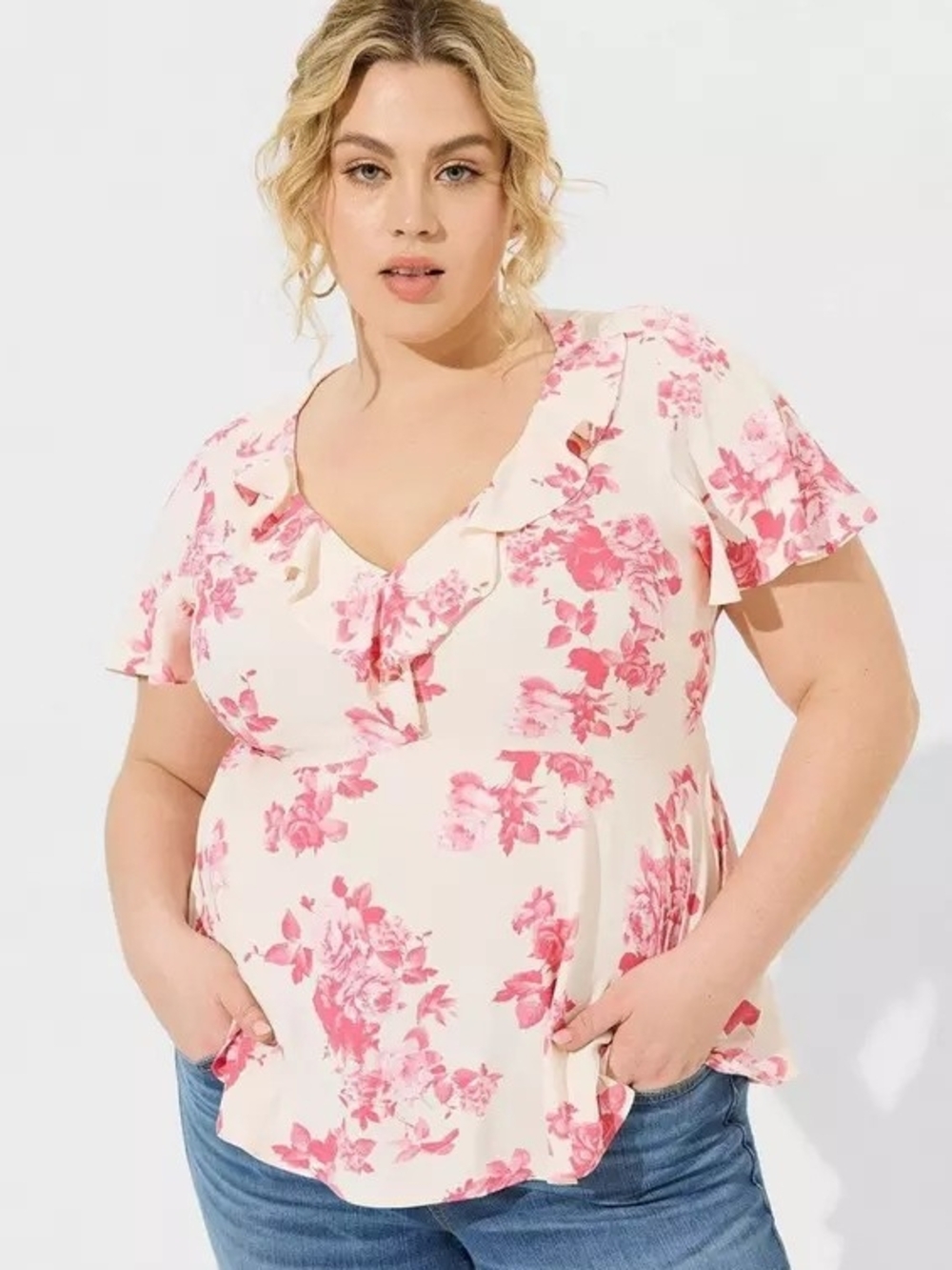 Torrid Pink & Cream Floral Ruffle V-Neck Blouse